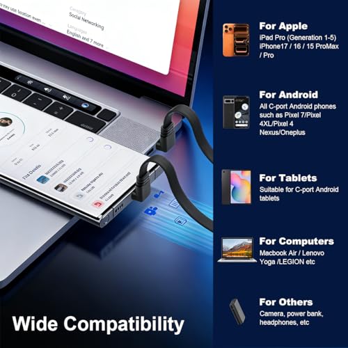 Image of Verilux Right-Angle C Type Charger Cable 10CM, PD 66W Type C Cable Fast Charging & 10Gbps Data Transfer, PVC Short USB C for iPhone 17 /16 /15, Galaxy S26 /S25 /S24, iPad, Laptop