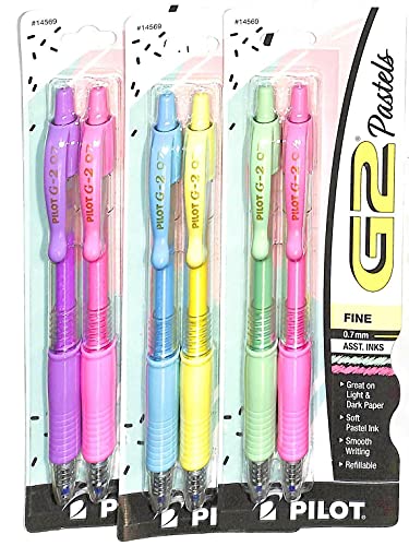 (3) Pilot G2 Pastels Gel Pens, Retractable, Rubber Grip, Fine Pt, 0.7mm, Assorted Colors 2-Packs (14569)