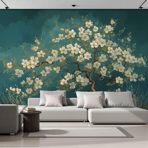 Papier Peint en Soie Arbre à Fleurs Blanches Effet Huile Vintage 200x140cm - 2