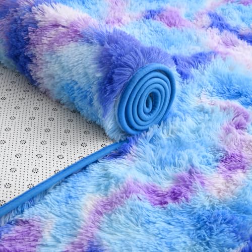 AROGAN 2x6 Feet Soft Runner Rugs for Bedroom Plush Fluffy Rug, Shag Furry Area Rug Carpet Non Shedding for Nursery Children Kids Girls Room Home Hallways Decorative, Blue and Purple - Thumbnail 5