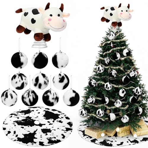 Leitee 12 Pcs Cow Christmas Tree Decoration Set Xmas Western Cowhide Tree Topper Skirt Faux Fur Plush Hanging Artificial Flowers Rustic Christmas Cow Treetop Ornaments for Farmhouse Country Holiday by Leitee - Used condition - US$8.50