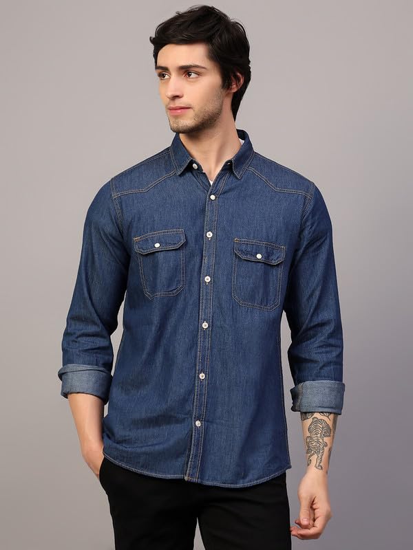 Image of Men's Denim Shirt with Regular Fit Solid Pattern Long Sleeve Collared Neck and Button Down Closure|Men Denim Shirt