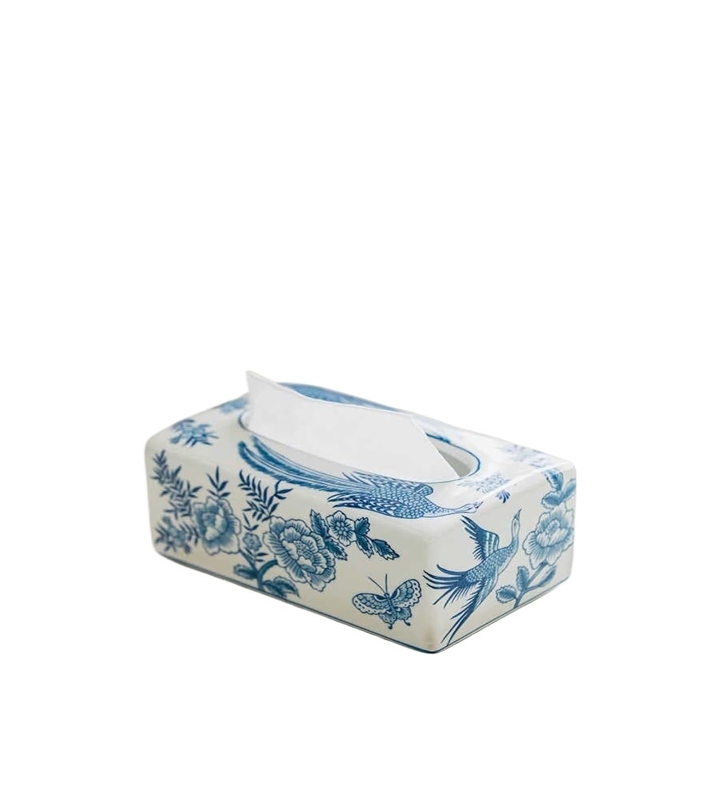 Uchwyt na chusteczki papierowe Biało-niebieski porcelanowy uchwyt na chusteczki, dekoracyjny ceramiczny uchwyt na serwetki, ptaki kwiatowy wzór zestaw niezbędne akcesoria do salonu(A)