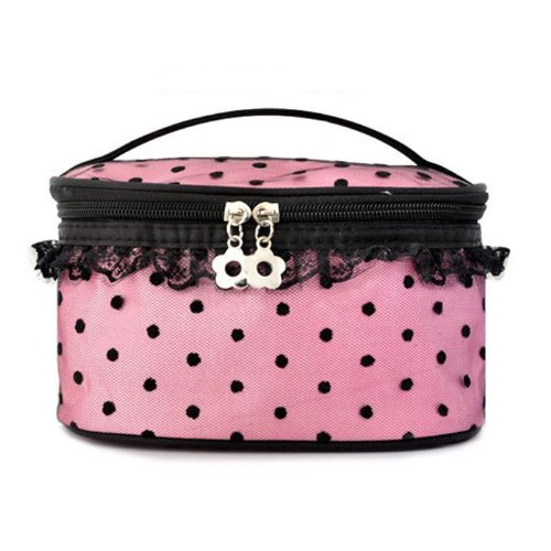 Suppion Lady's Wave Lace Dot Makeup Cosmetic Handbag Case Tool Storage Toiletry (Pink)