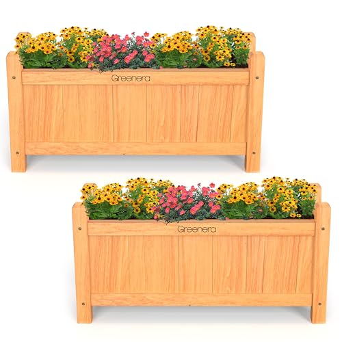 Vivo Technologies Set of 2 Wooden Garden Planters Large Outdoor Flowers Plant Pot Rectangular Garden Planters Planting Raise Bed Patio Decking, 60x20x31 cm, Natural