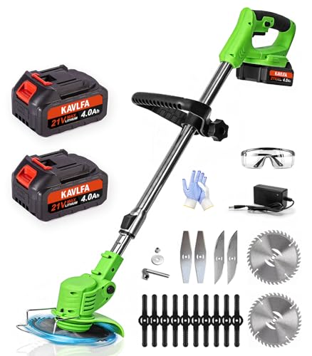 Cordless Weed Wacker, 21V Electric Weed Cordless Eater, with 2 Pcs 4.0 Ah Battery & 4 Types Blades, 4 in 1 Lightweight Stringless Brush Cutter/Grass Trimmer for Yard Garden Clearing