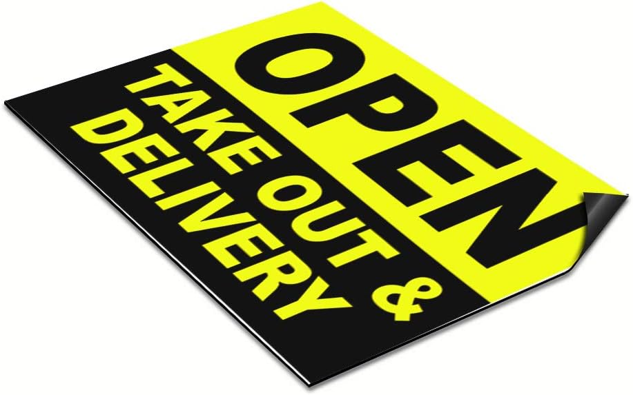 Car Magnet Set of 2 Open Take-Out & Delivery Cafe Restaurant Grocery Liquor Yellow Black Car Advertising Industrial Sign 12x9Inches