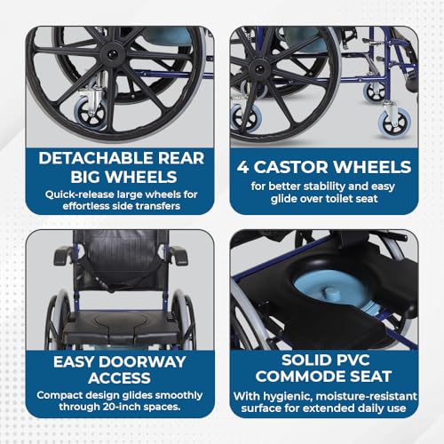 Image of Hero Ecomed Winn 304 C | Manual Wheelchair with Propelling Ring | Powder Coated MS Frame | High Back wheelchair | Commode Provision | For Patients & Elderly | 120 kg Capacity