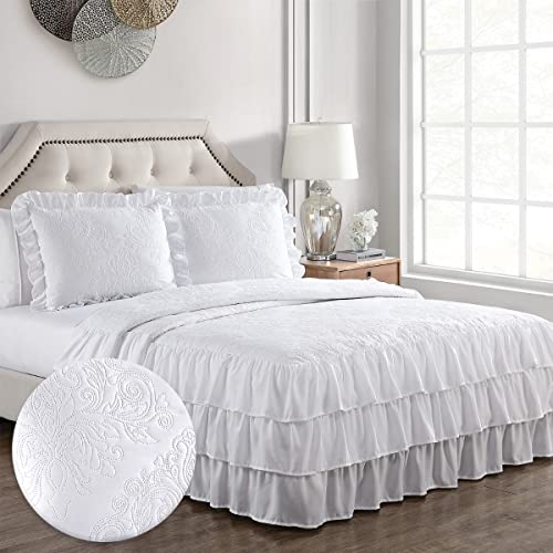 Aubrie Home Accents Ashley Triple Ruffle Medallion Damask 2-Piece Twin Bedspread Bedding Set With Pillow Sham Lightweight Coverlet, White #TOP30
