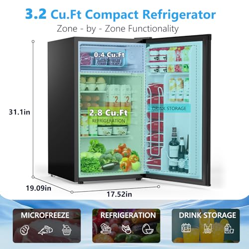COWSAR 3.2 Cu.Ft Dorm Fridge with Freezer, Single Reversible Door Compact Refrigerator, Adjustable Thermostat, 2 Removable Shelves, Commercial Drink Fridge for Bedroom, Office, Kitchen, Dorm, Black by COWSAR - Image 2