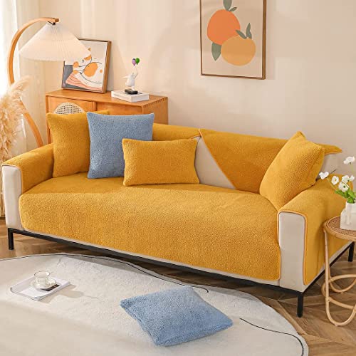 Vctops Solid Color Sherpa Fleece Couch Sofa Cover Fuzzy Fluffy Soft Sectional Couch Covers Soft Warm Non Slip Sofa Slipcover Furniture Protector For Kids, Pets (Yellow,28"X47") #TOP4