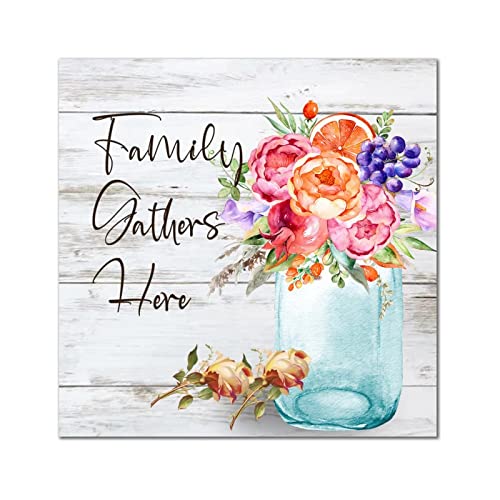 Plaque en bois Family Gathers Here décoration murale rétro 30x30 cm