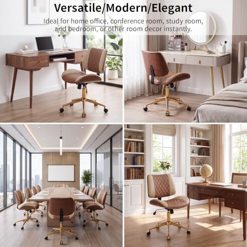 FervorFurn Armless Office Chair with Back, Mid Century Modern Walnut Style Desk Chair, No Arms Leather Computer Chair for Home Office, Vanity Chair, Seat-Rocking, Adjustable Height (Brown+Beige) - image 6