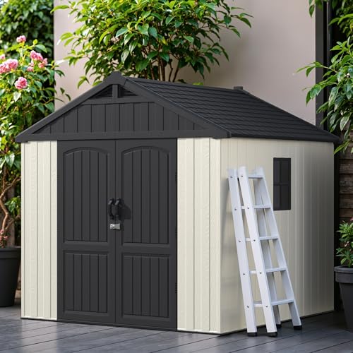 Image of Greesum 8x8FT Plastic Outdoor Storage Shed with Floor, Resin Sheds, Beige | Easy to Assemble Kick-it Shed| Eco-Friendly HDPE Material| 35% Fewer Screws| Lockable Doors with DIY Window & Multiple Vents