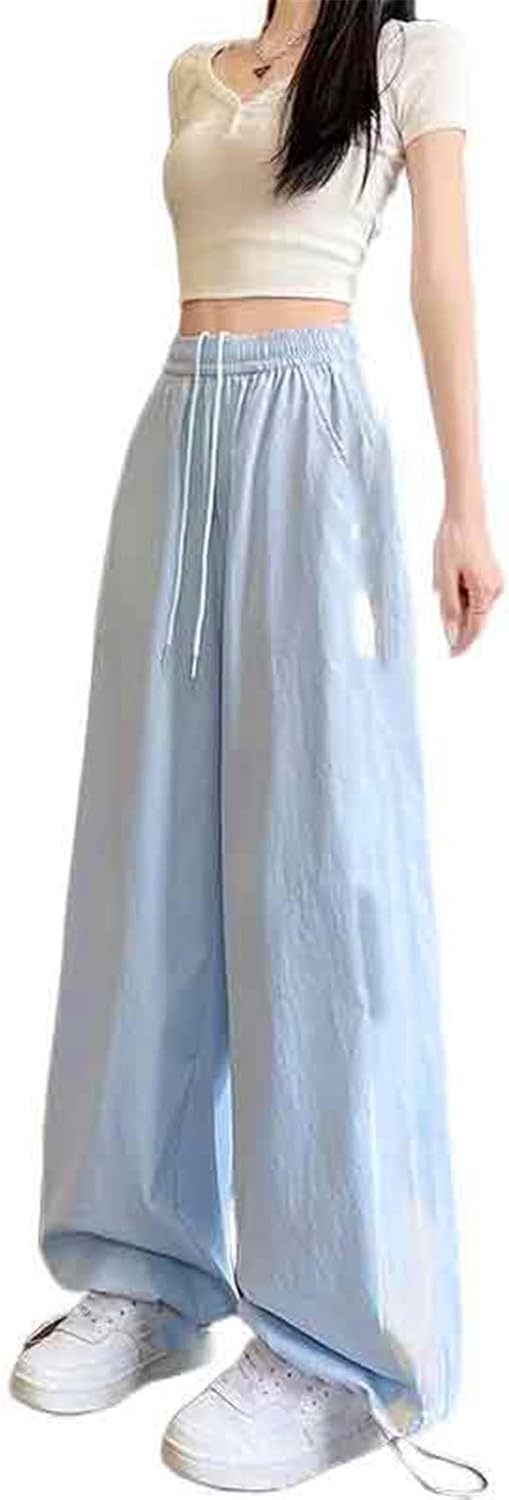 Women's Pants Summer Navy Ice Silk Quick-Dry Wide-Leg Casual Trouser for Women-Blue-Small
