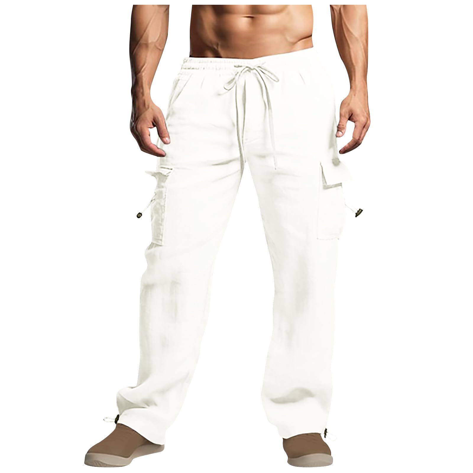 Linen Cargo Pants Men Relaxed Drawstring Pants Elastic Waist Multi Pack Pants Lightweight Lounge Pants Loose Trousers