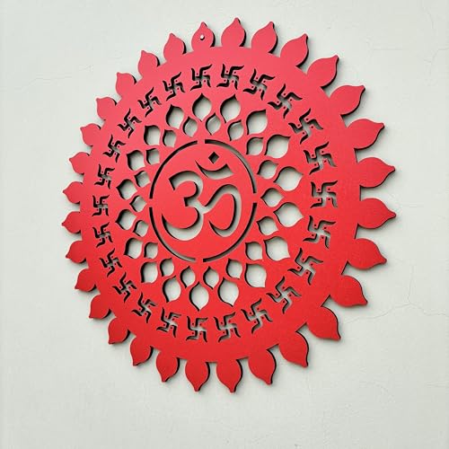Image of BAPUBEBE Om Round Wall Art Mdf Wooden Frame Om Chakra For Mandir Temple, Living Room, Office, Hotel, Gift Item, Mandala Wall Hanging For House Home Decoration Items Size 12 * 12inch (RED)