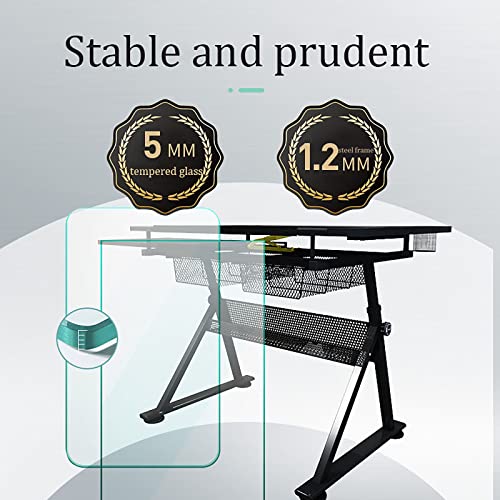 Drafting Desk, Glass Top Drafting Table, Height Adjustable Drawing Desk Art Table, Tiltable Tabletop Art Craft Desk Paintings Work Station, 2 Drawers,