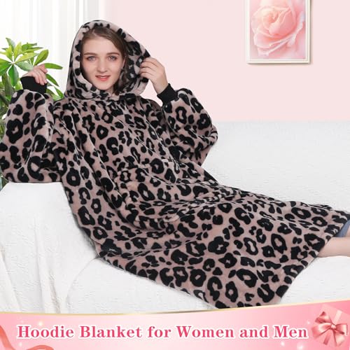 Image of Waitu Wearable Blanket Sweatshirt Gifts for Women and Men, Warm and Cozy Blanket Hoodie, Thick Flannel Hoodie Blanket, Blanket Robe for Adults and Kids - Leopard