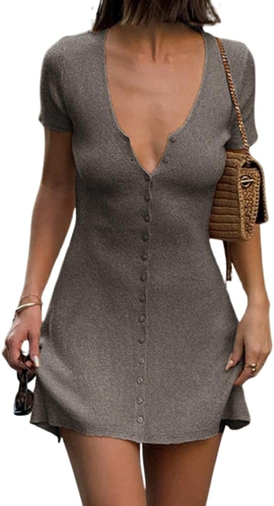 Women Elegant Button Down A-Line Knit Mini Dress V Neck Short Sleeve Solid Fit Flare Ribbed Knit Short Dress