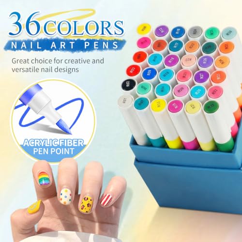Image of CAHIUYOA 36 Colors Nail Art Pens for Painting Nails,3D Nail Art Markers | Quick-drying,Highly Pigmented,Strong Coverage,Long-lasting Nail Polish Pens,DIY Nail Design for Home Salon