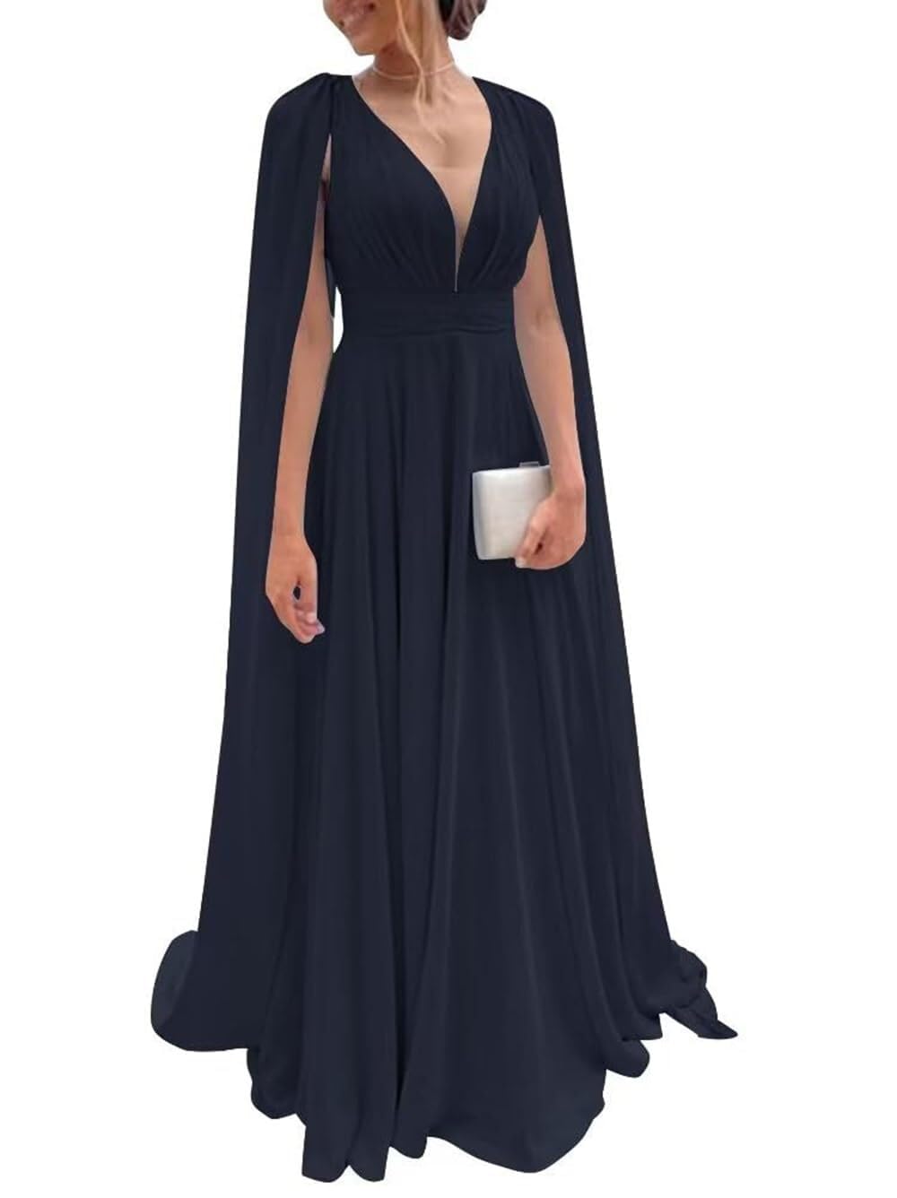 Chiffon Bridesmaid Dress for Women Cape Sleeve V-Neck Formal Evening Gowns with Pocket LBC020