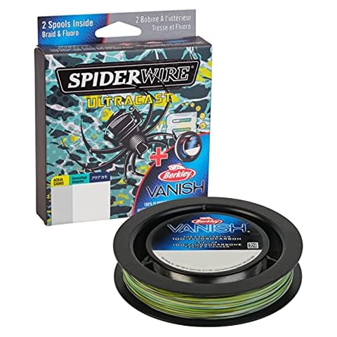 SpiderWire Ultracast Braid Vanish Fluorocarbon Dual Spool, 30lb Aqua Camo Braid with 50lb Clear Fluoro Leader Cover