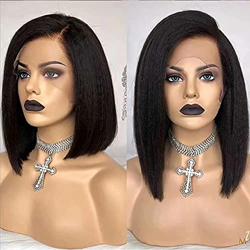 Short Bob Wigs Yaki Straight Lace Front Human Hair Wigs For Women Pre Pluck With Baby Hair 13x4 Lace Front Wig Remy Glueless Lace Wig (150 Density, 14inch)