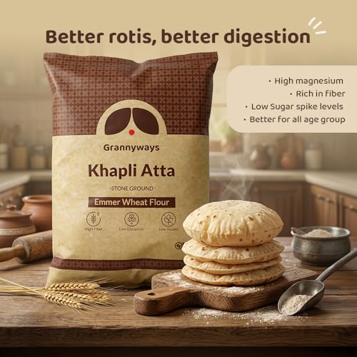 Image of Grannyways Khapli Atta | Emmer Wheat Flour 4.5 Kg With 100% Ancient Stone Ground Whole Grain Atta | Low Gluten, High Fiber | Diabetic Friendly | Traditional Khapli Whole Grain Atta for Daily Healthy Cooking Flour for Roti, Paratha & Baking