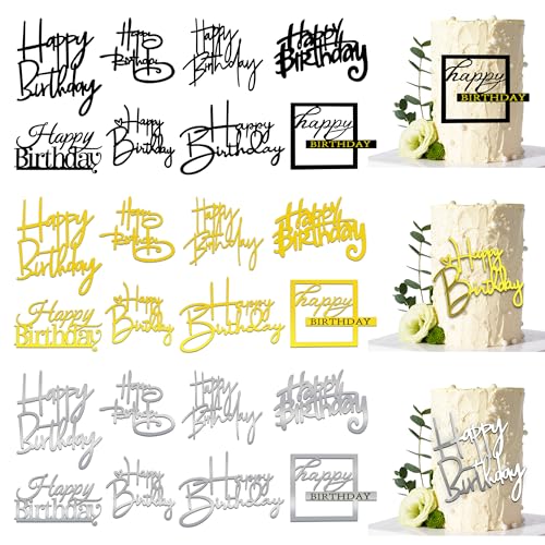 24 PCS Happy Birthday Cake Toppers Mirror Acrylic Side Cake Decorations 8 Styles 3 Colors