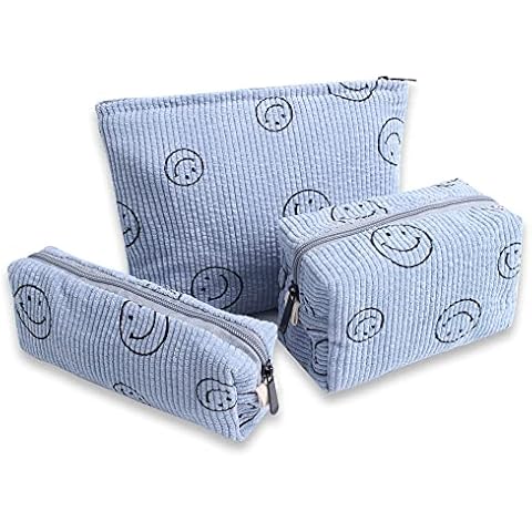 Gardsell 3Pcs Smile Corduroy Cosmetic Bag Makeup Bag Aesthetic Preppy Makeup Bags for Women Girls Corduroy Toiletry Pouch Travel Bags Washable Skincare Bag (3Pcs blue) Cover