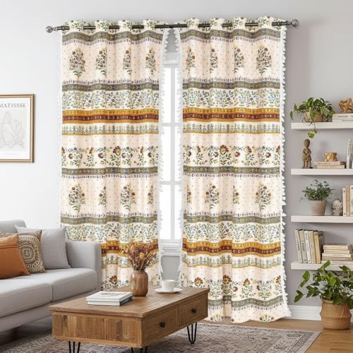 Image of Amazon Brand - Umi Bohemian Curtains for Door, Microfiber Cotton Curtain 7 Feet Long Pack of 2 Curtain with Tassels,Eyelets Included, 40-60% Room Darkening