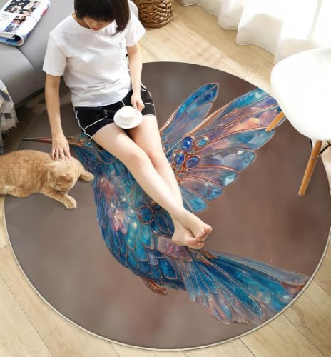 Tapis rond bleu colibri gemme 180cm antidérapant lavable
