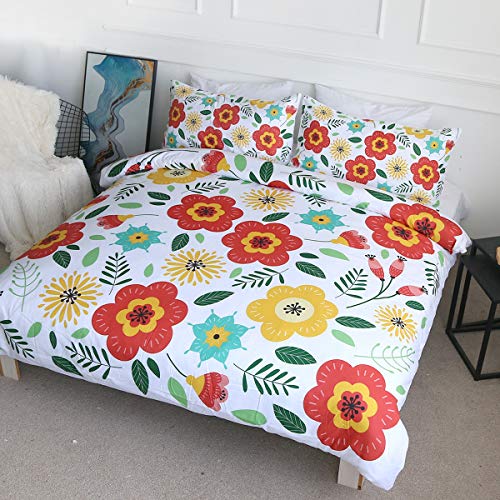 BlessLiving Sunflower Bed Set Cute Floral Bedding Duvet Cover and Shams 3 Piece Botanical Flower Print on White Garden Lover Gifts for Women (Full)