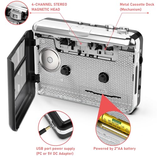 Cassette Player - Compact Tape Player Portable Recorder with Earphone-Convert Audio Music Cassette to MP3 Digital, Compatible with Laptop/PC/MAC- for Entertainment, Travel, Light Sports(Silver) - Image 5