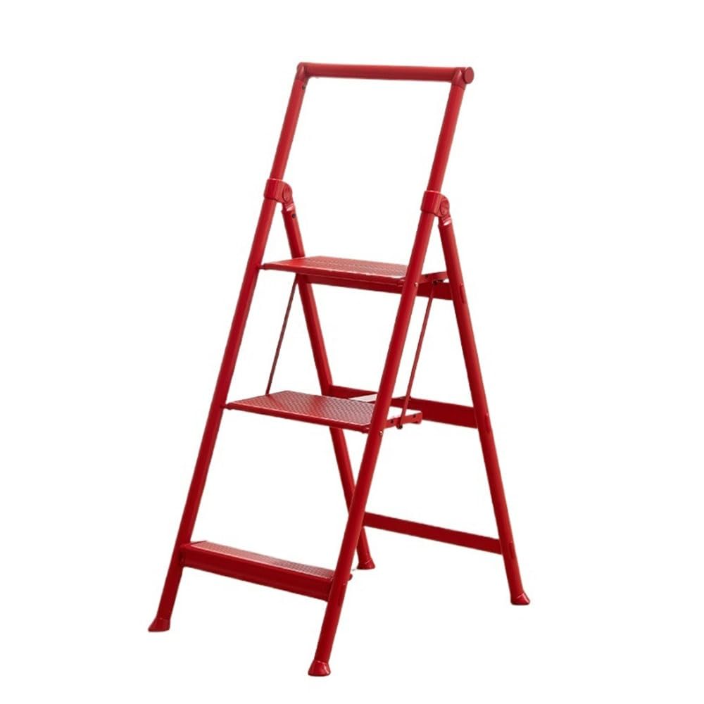 step ladder Foldable Home Step Ladder with Handrail 3-Step A-Frame Wide Pedals Storage Decoration Multifunctional for warehouse(Red)
