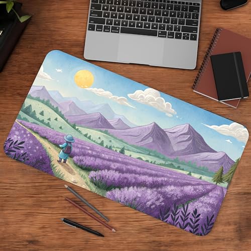 Image of Dreamy Lavender Fields Premium Desk Mat | Anti-Skid | Anti-Slip | 60 x 28 cm | Laptop Mat for Work from Home /Office /Gaming- Extended Mouse pad and Keyboard Desk mat