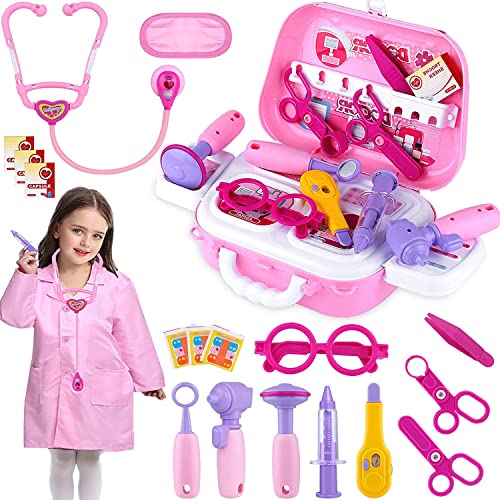 Toy Doctor Kit for Girls, Kids Doctor Set with Carry Case, Play Doctor Set for Kids with Nurse Costume,Dentist Medical Educational Toy Doctor Playset for Girls Ages 3 4 5 6 7 Year Old