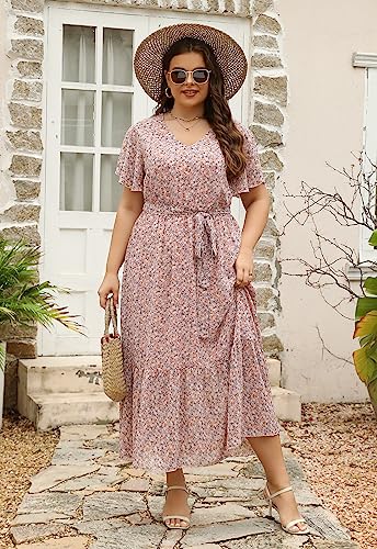 Image of Nemidor Plus Size Women Casual Maxi Dresses Print Bobo Belted Layered Chiffon Summer Long Dress with Ruffle Sleeve