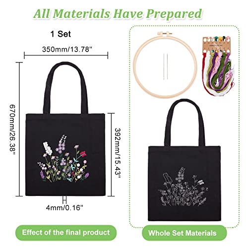 Image of WADORN DIY Canvas Tote Bag Embroidery Kit, Black Personalized Canvas Bag Kit Flower Cross Stitch Kit with Pattern DIY Crafts Embroidery Starter Kit Women Handicrafts Gift for Valentine's Day