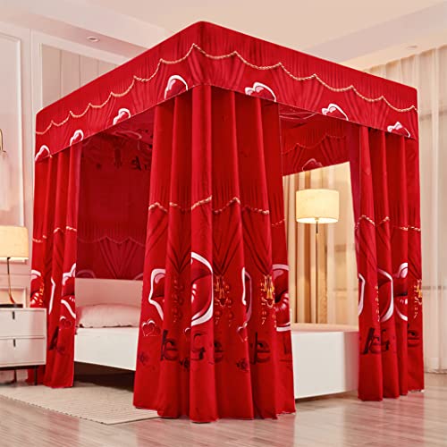 Romantischer luxuriöser roter Betthimmel mit 4 Eckpfosten für Mädchen und Frauen, verdickter Vorhang für Erwachsene, Hochzeit, Schlafzimmer, Kinderzimmer, Bettdekoration (Typ 2, ro