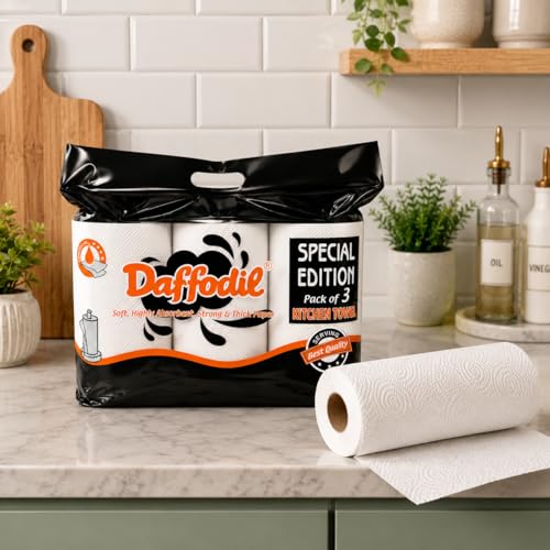 Image of DAFFODIL 2 Ply Kitchen Towels - Pack of 3 Rolls (100pulls per Roll, 300 Pulls) | Ultra-Absorbent Kitchen Roll | Heavy Duty Cleaning Paper Towels | Durable & Strong Kitchen Tissue Roll
