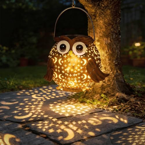 Mantunt Solar Lights Outdoor Owl Garden Decor Solar Lanterns Outdoor Waterproof Metal Hanging Lantern Solar Garden Lights for Outside Patio Yard Lawn Porch Backyard Decoration