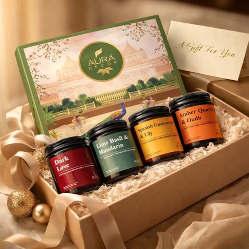 Image of AuraDecor Scented Soy Wax Amber Jar Candle Set of 4, Organic Luxury Aroma, Aromatic /Aromatherapy Votive Candle || Burning Time Upto 30 Hours (Aromatherapy, Gift Set (Type 1))