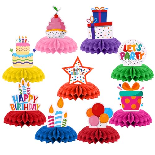 OSDUE 9 Stück Geburtstag Tischdeko, Bienenwaben Deko Tischaufsätze Set, Happy Birthday Deko für Männer und Frauen, Farbe Tischdekoration