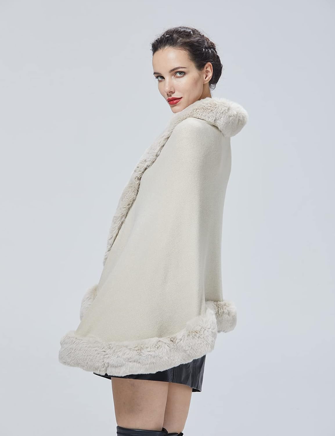 Women Faux Fur Shawl Wrap Cape with Fur Trim Sleeveless Cardigan Dressy Cloak Winter Poncho Coat for Wedding - Image 2