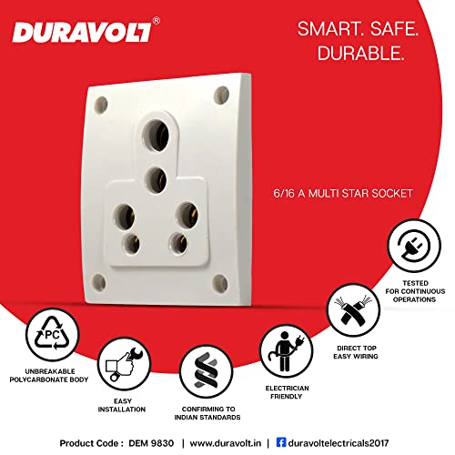 Image of Star 6 /16A 6 Pin Non Modular Electrical Multi Socket, White Colour,Polycarbonate Body, Porcelain Back,Heavy Duty,Suitable for Home & Office Use with Mounting Screws (5)