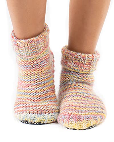 Image of Tibetan Socks Wool Hand Knit Fleece Lined Mid Bootie Slipper Sock Non Slip Sole