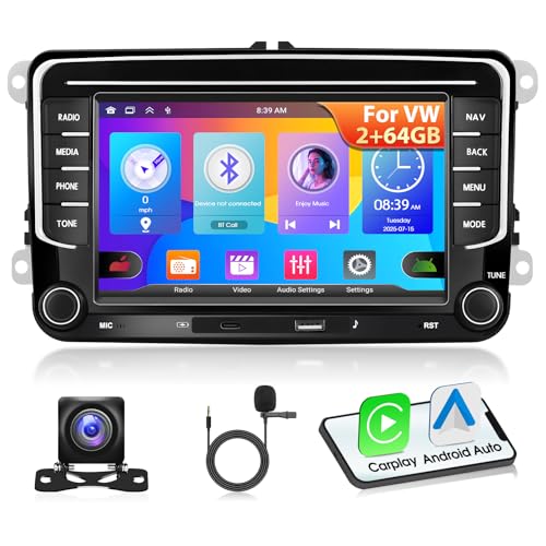 Autoradio 2+64G Motorsi per VW Seat Passat Golf 5 6 Polo Skoda con Carplay Android Auto,Radio Stereo Android 15 da 7'' con GPS/WiFi/Bluetooth/EQ/FM/RDS/Type-C,Telecamera di Retromarcia AHD e Microfono