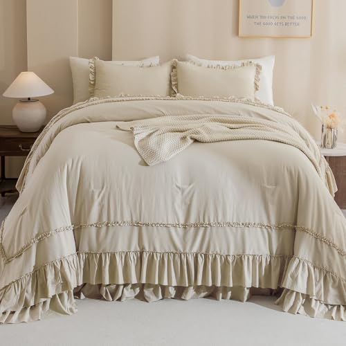 Image of QSH Wheat Oversized California King Bed Comforter Set 128x120, Farmhouse Shabby Vintage Bedding Comforter with Ruffles French Country Comforter Soft Microfiber Fluffy Bedding 3 PCs